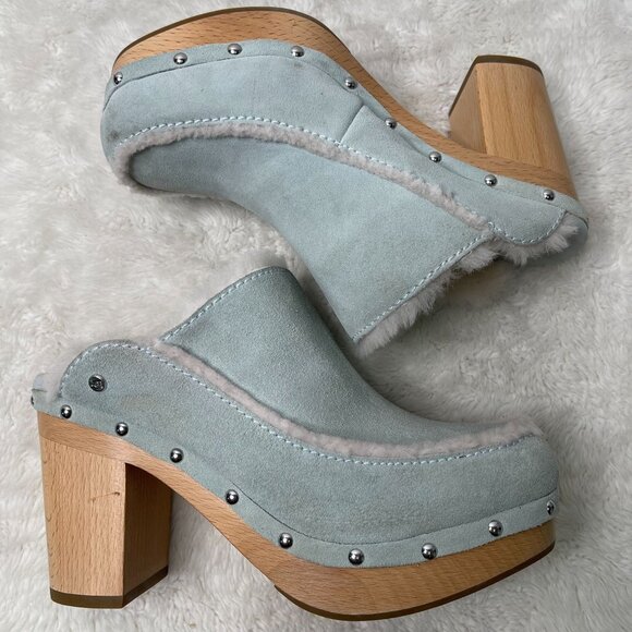 UGG #1112427 Women's Light Blue Aubriana Fur Loafer Heeled Clogs Shoes Size 10 - Picture 2 of 15